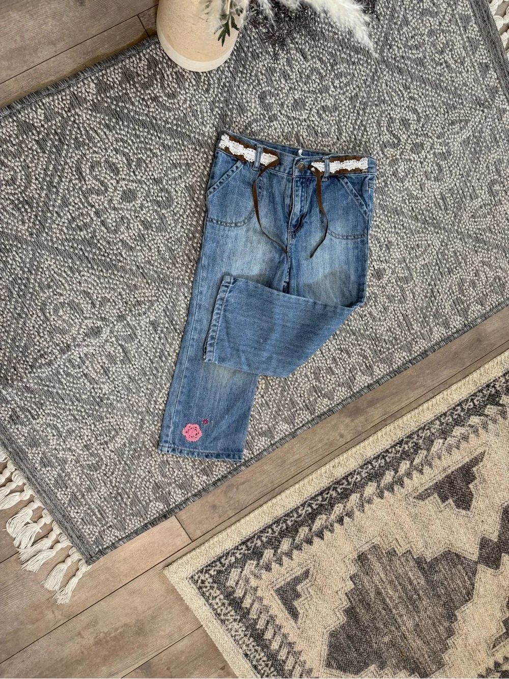 VTG y2k OshKosh B'gosh Toddler Girls Floral Embroidered Belted Jeans Boho 3T